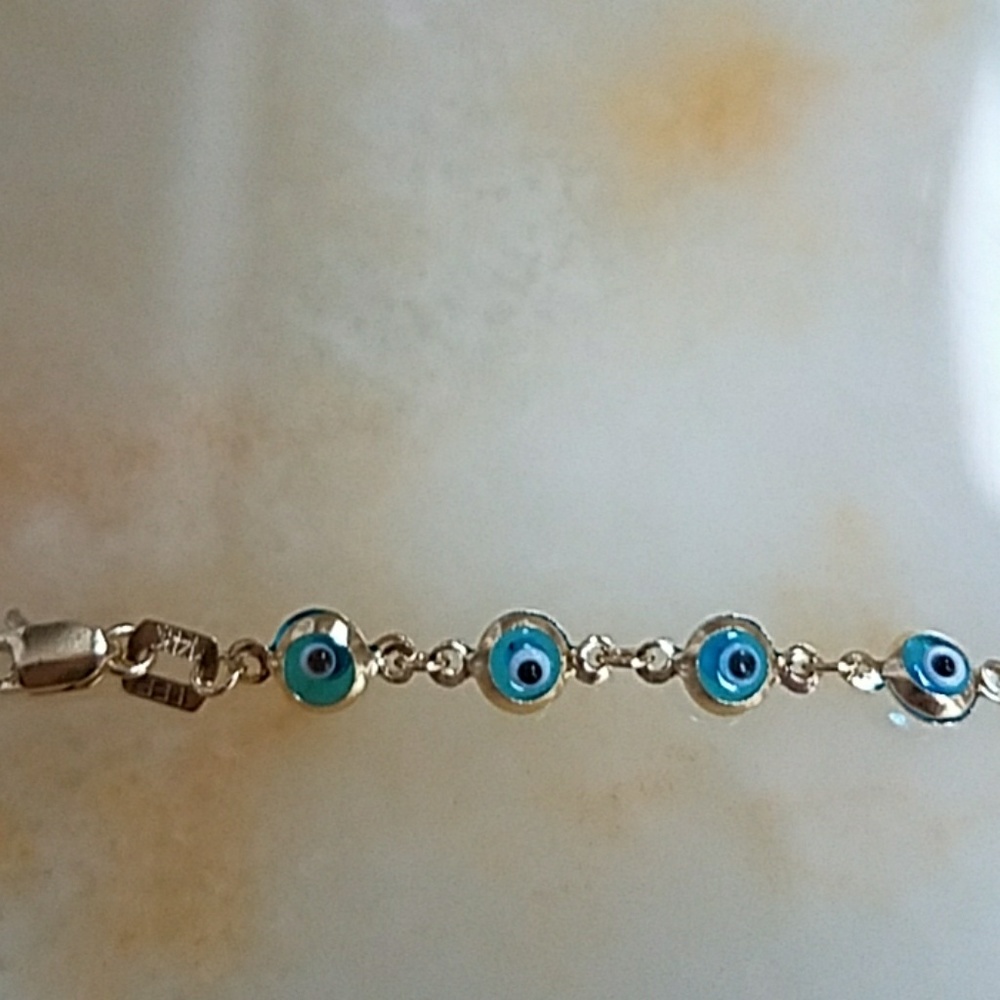 14K Solid Yellow Gold Evil Eye Blue Bracelet 7" in - Picture 9 of 14